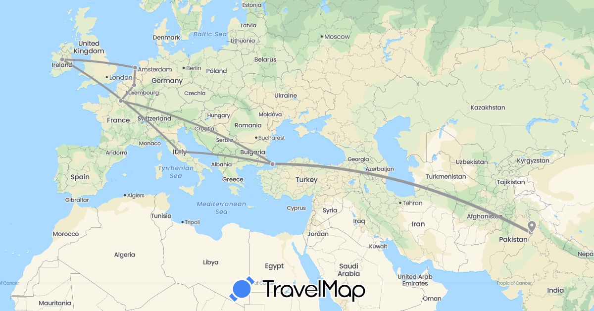 TravelMap itinerary: driving, plane in Belgium, France, Ireland, Italy, Netherlands, Pakistan, Turkey (Asia, Europe)